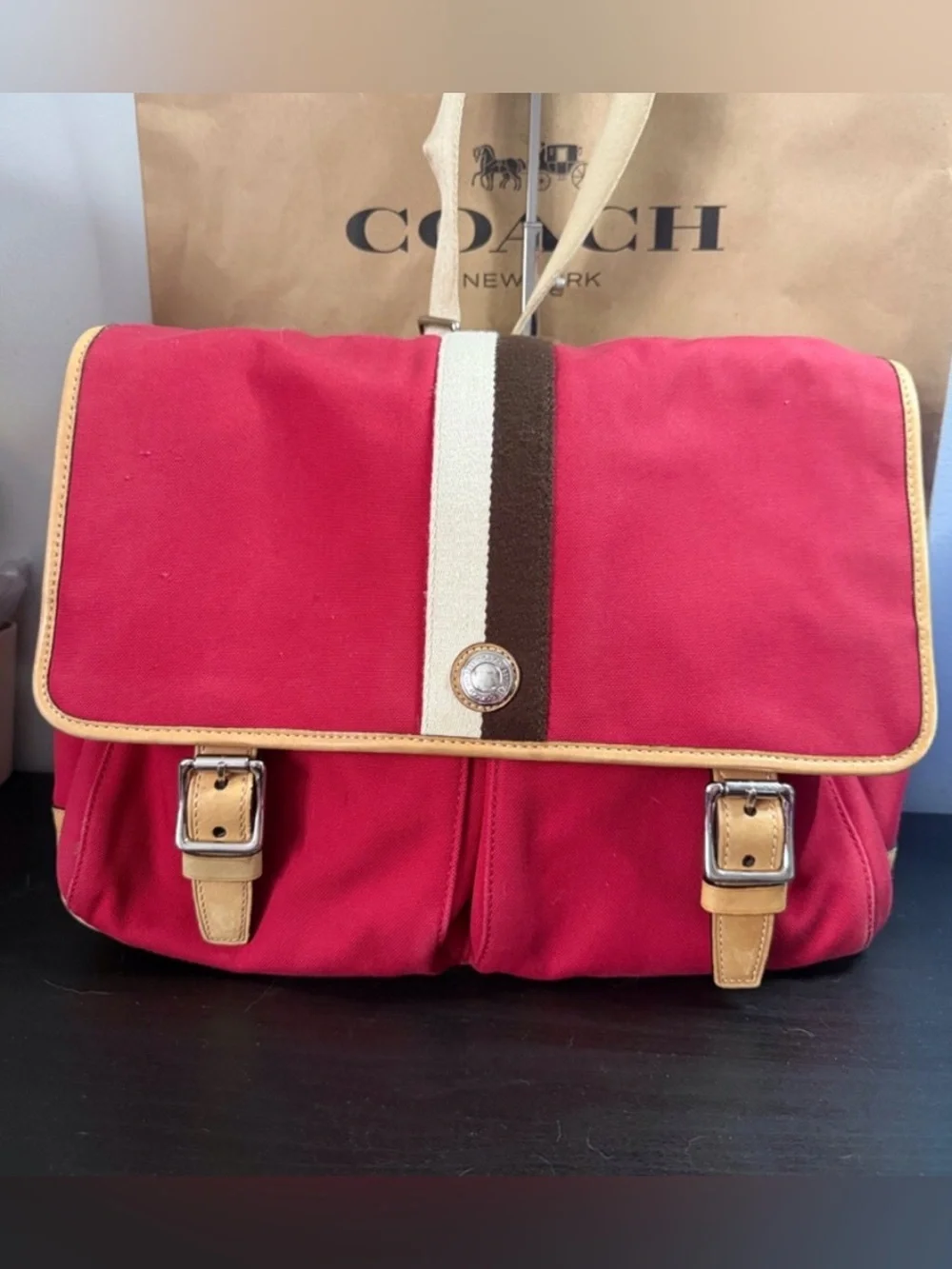 Coach Voyager Red Canvas Messenger Bag Leather Trim Laptop Travel Briefcase